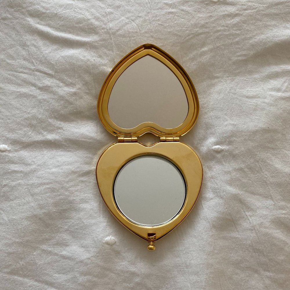 Gold and Pink Heart Shaped Mirror Compact with Swarovski Crystals